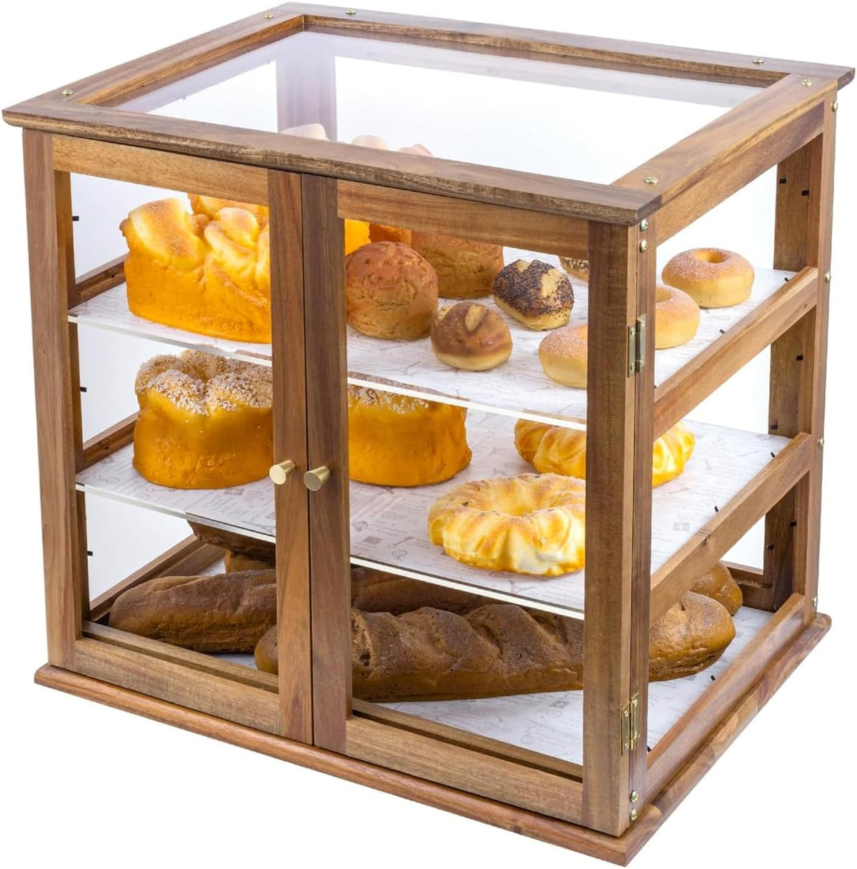 Pastry Display Case, 3-Tier Acacia Wood & Clear Acrylic, Rear Doors