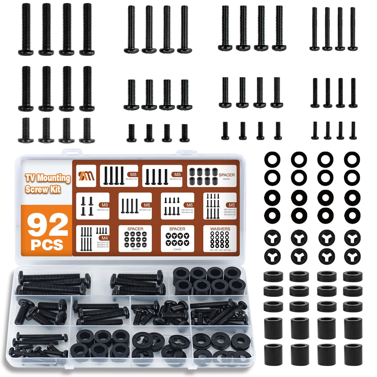 92PCS TV Mounting Hardware Screw Kit, M4 M5 M6 M8 Screws