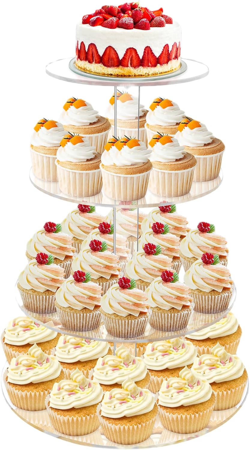 Cupcake Stand, 4 Tier Cupcake Stand for 50 Cupcakes, Round Tiered Cupcake Tower, Clear Acrylic Cupcake Holder
