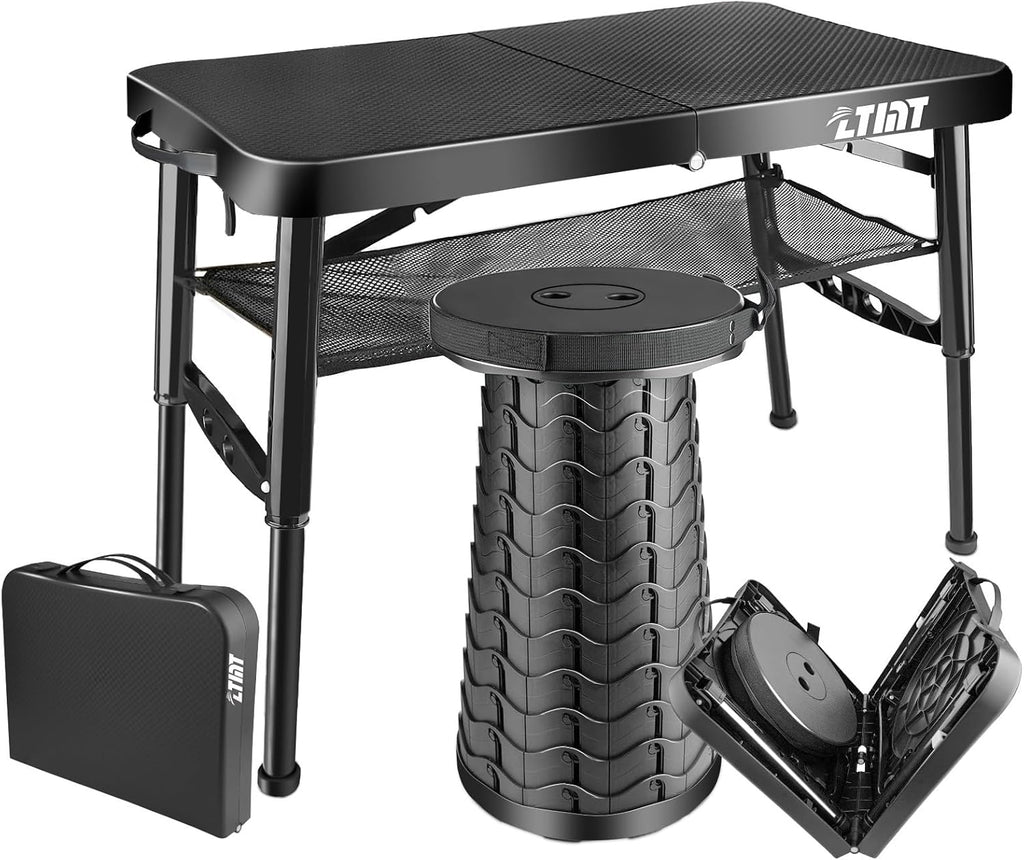 Folding Table and Stool, Small, Black, 4 Foot Outdoor Portable Table, Adjustable Height, Camping, Picnic, RV Table