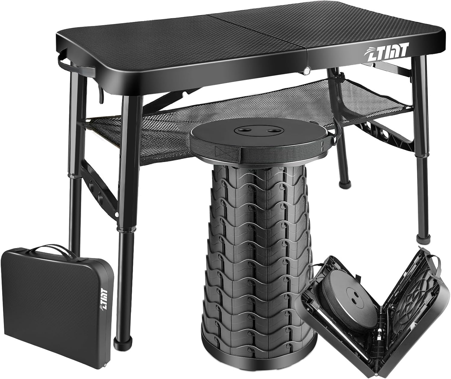 Folding Table and Stool, Small, Black, 4 Foot Outdoor Portable Table, Adjustable Height, Camping, Picnic, RV Table