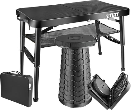 Folding Table and Stool, Small, Black, 4 Foot Outdoor Portable Table, Adjustable Height, Camping, Picnic, RV Table