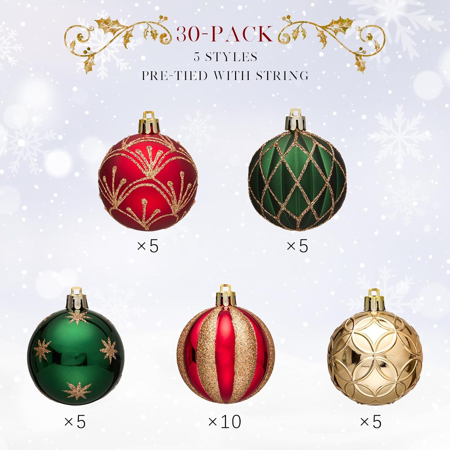 Christmas Balls Ornaments, 30ct Shatterproof Xmas Tree Decorations, Hanging Bulbs Baubles Set with String for Holiday