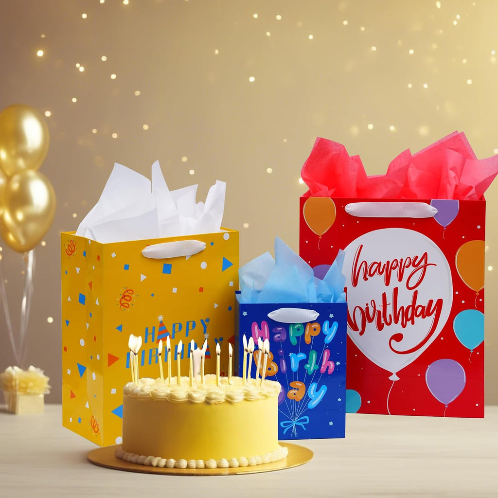 8 Pack Birthday Gift Bags Assorted Sizes with Tissue Paper