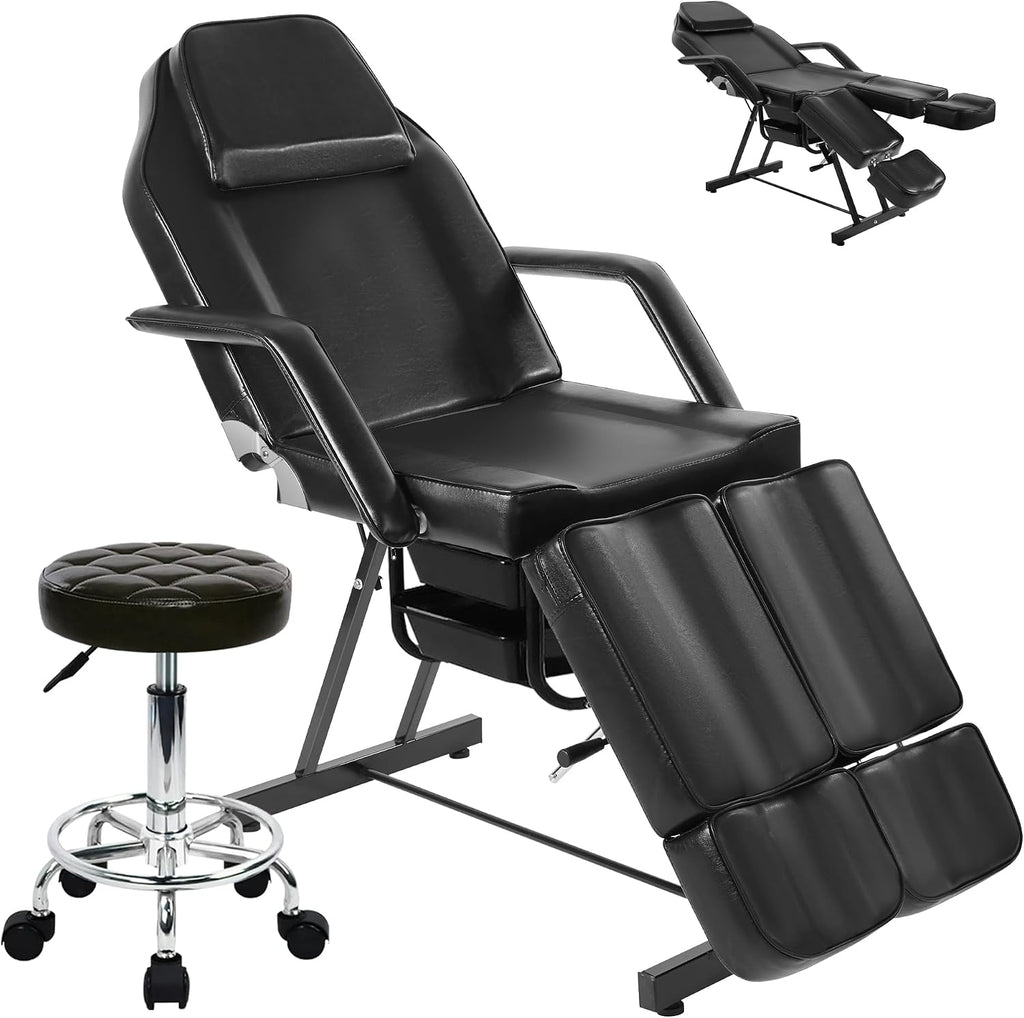 Tattoo Chair for Client, Facial Bed Esthetician Massage Headrest Table with Rolling Stool, Split Legs Design
