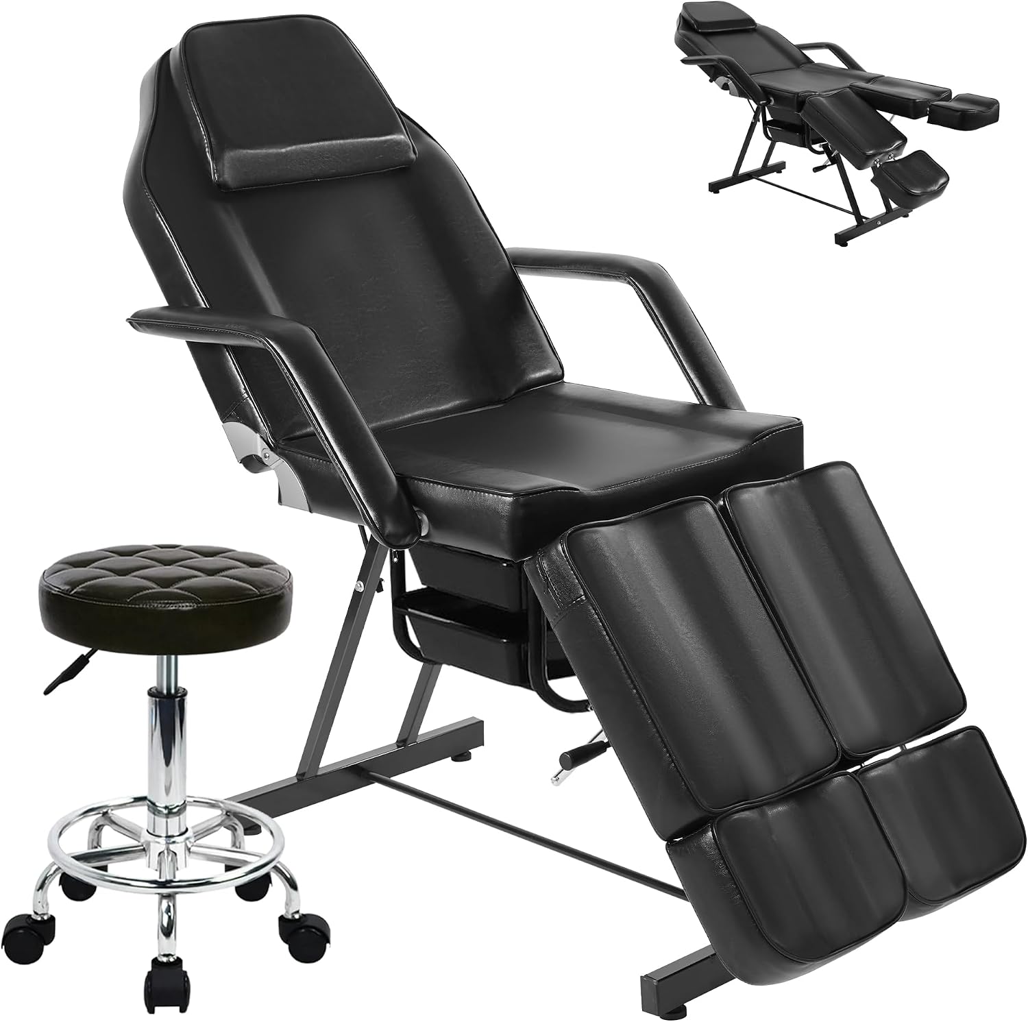 Tattoo Chair for Client, Facial Bed Esthetician Massage Headrest Table with Rolling Stool, Split Legs Design