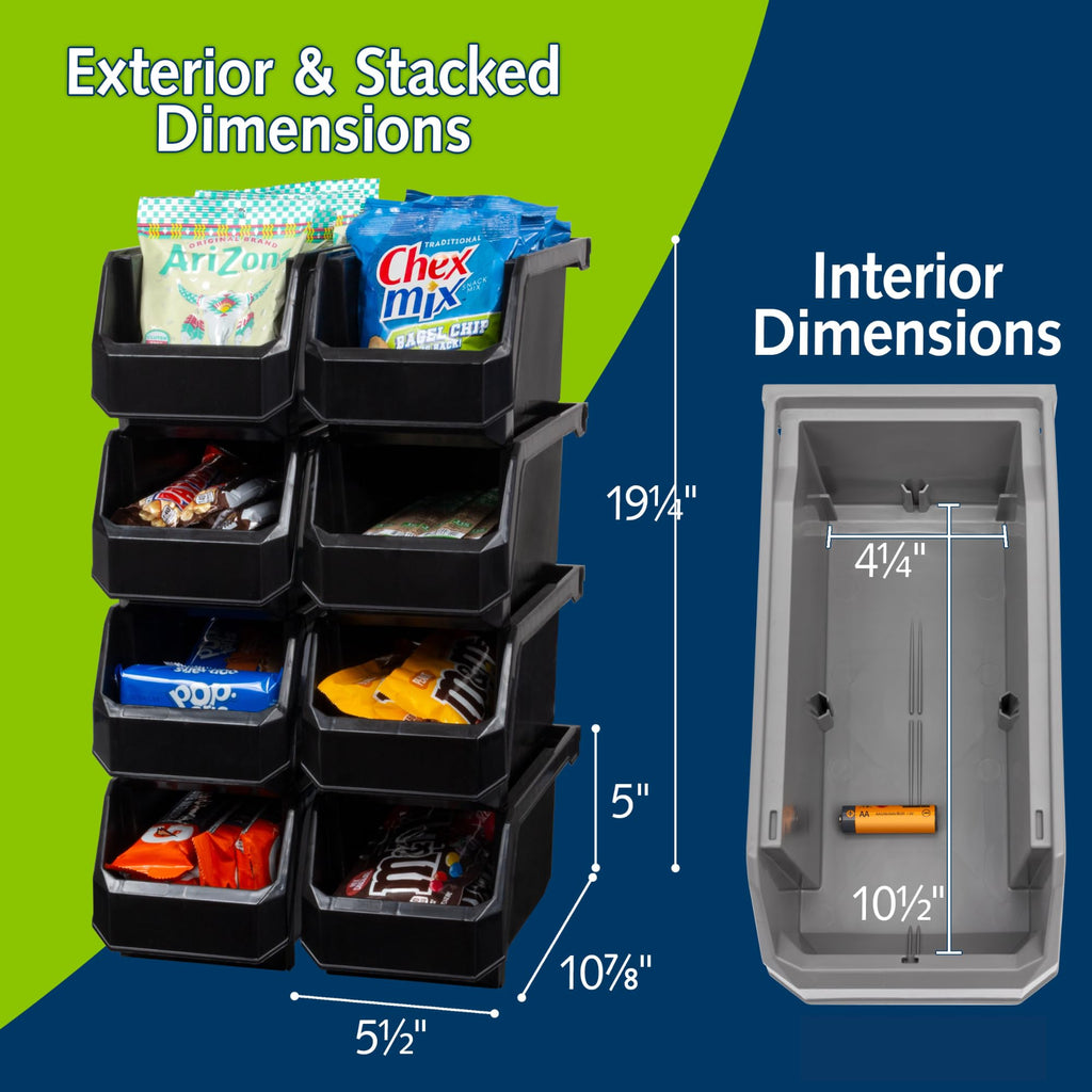 Medium Stackable Plastic Storage Bins, 8-Pack, Black
