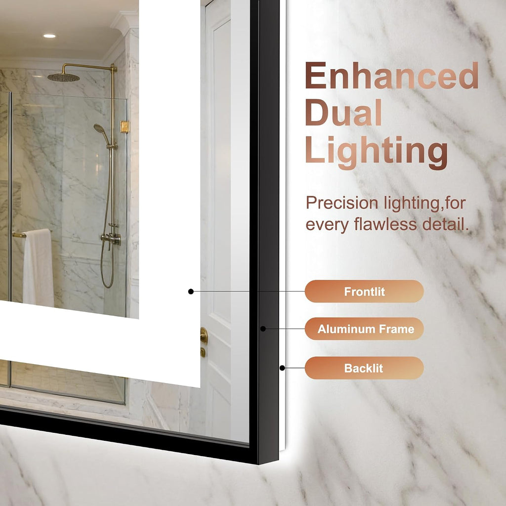 LED Bathroom Mirror with Lights, 30"x40" Black Framed Lighted Vanity Mirror | Anti-Fog, Dimmable 3 Color Temperature