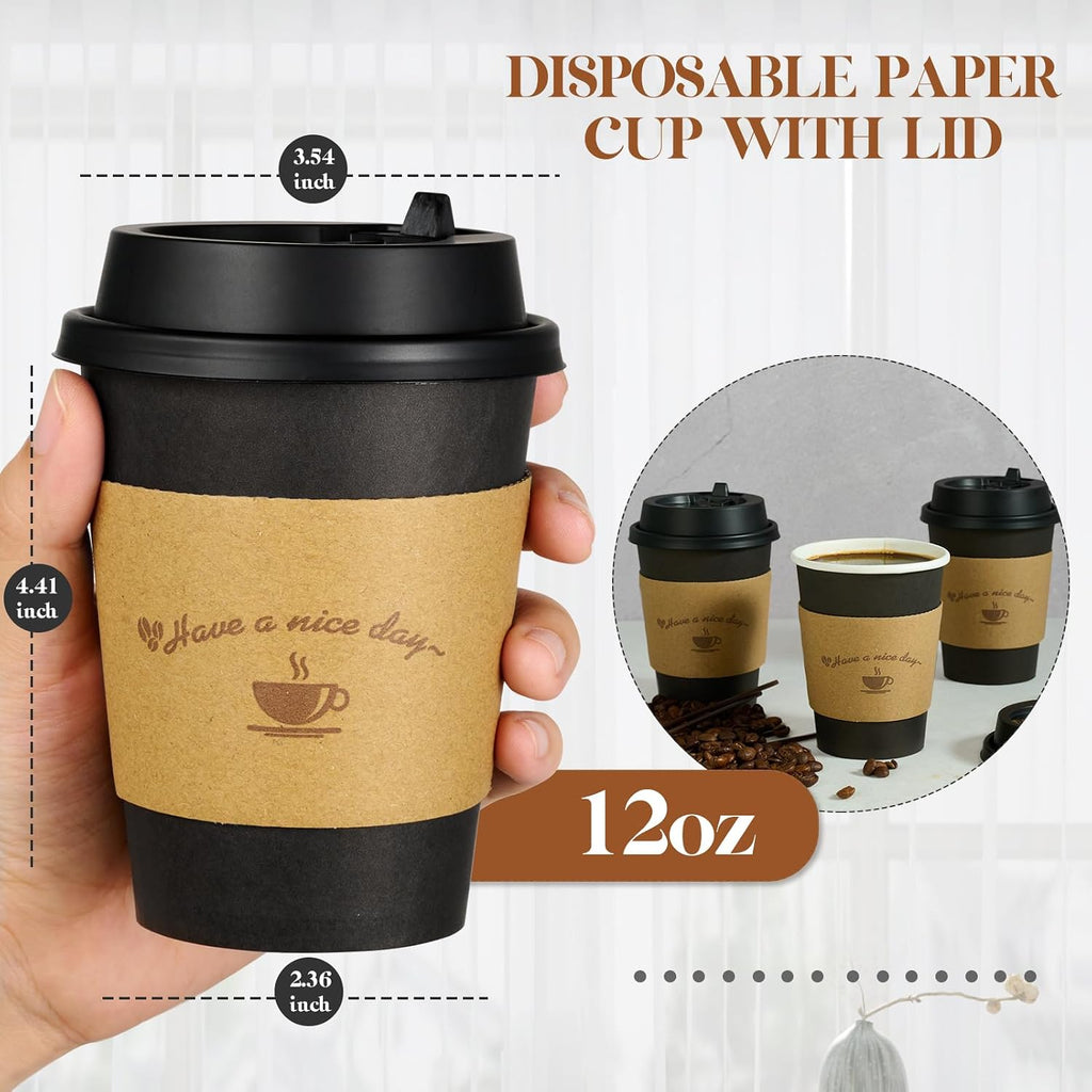 100 Pack 12 oz Coffee Cups with Lids, Disposable Coffee Cups