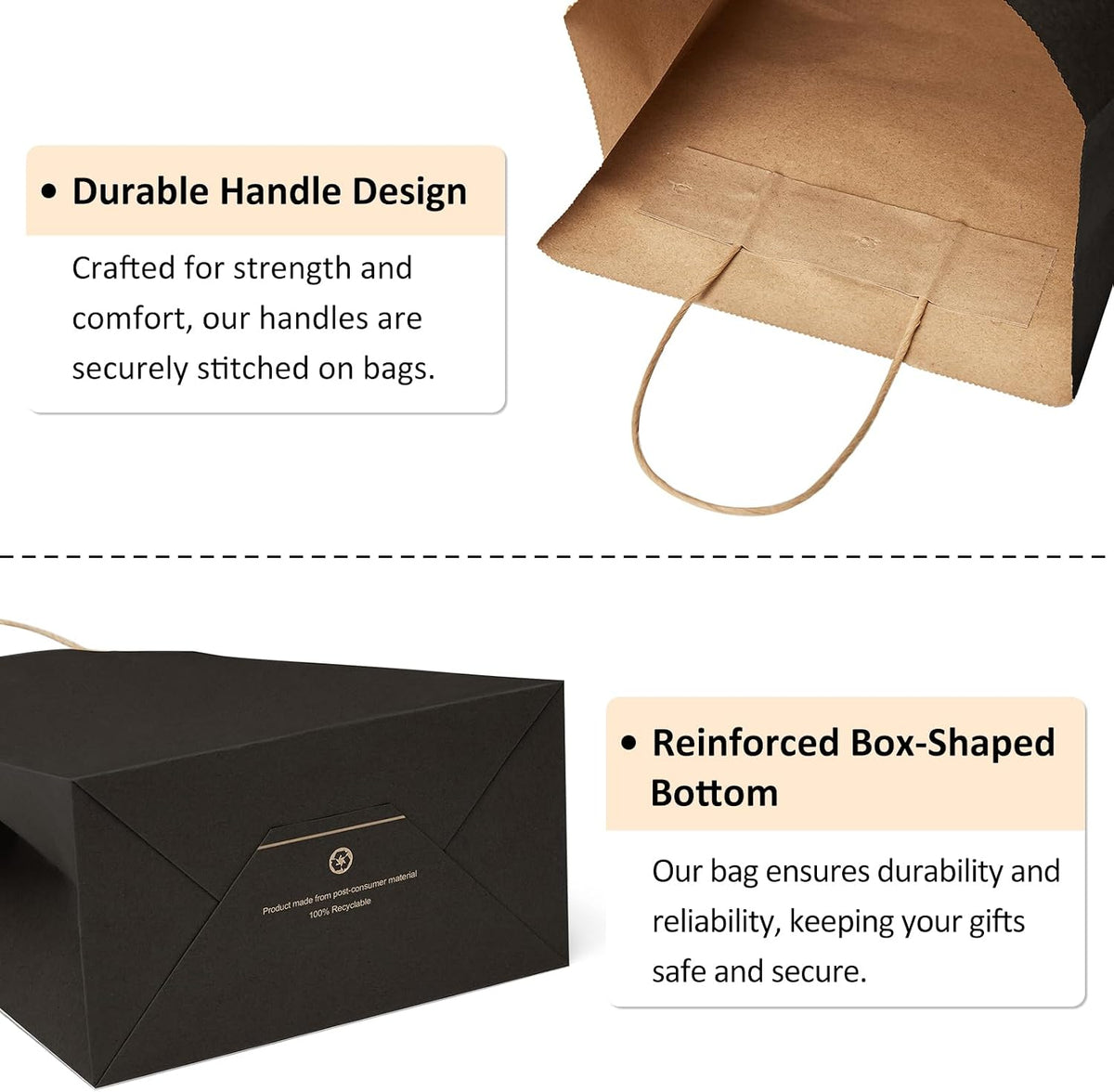 Kraft Paper Bags with Handles 10x5x13 Inch Black 50 Pack Bulk