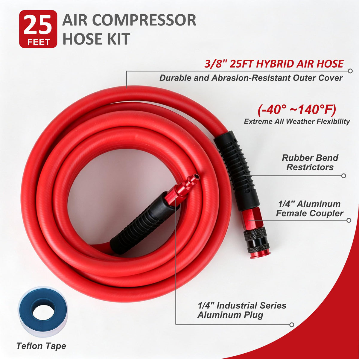 FYPower Hybrid Air Compressor Hose 3/8 in x 25 ft Air Hose