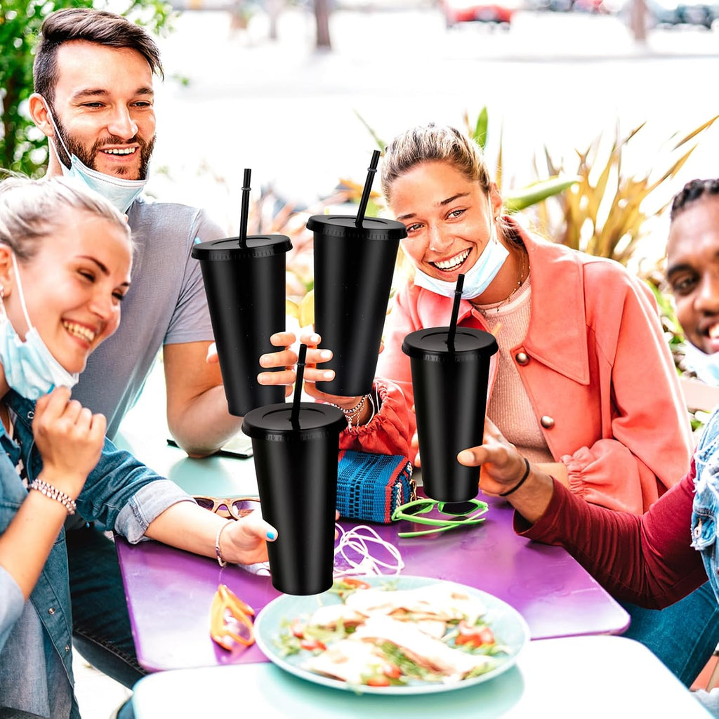 7 Sets Reusable Cups with Lids and Straws 24 oz Plastic Tumblers Black Party Favor Cups Water Bottle Iced Coffee