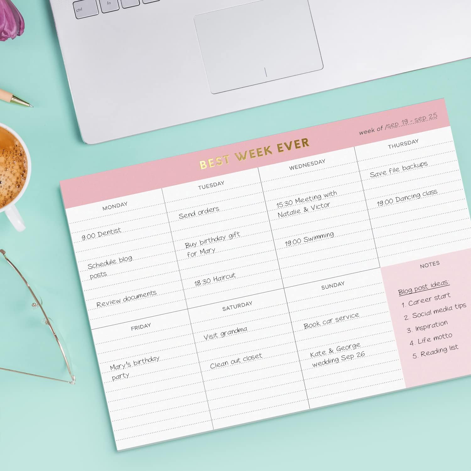 Weekly To Do List Pad. Gold Foil 7 days Planner with Daily Roadmap Agenda Squares. 7x10” Day Workbook 2026 - Student