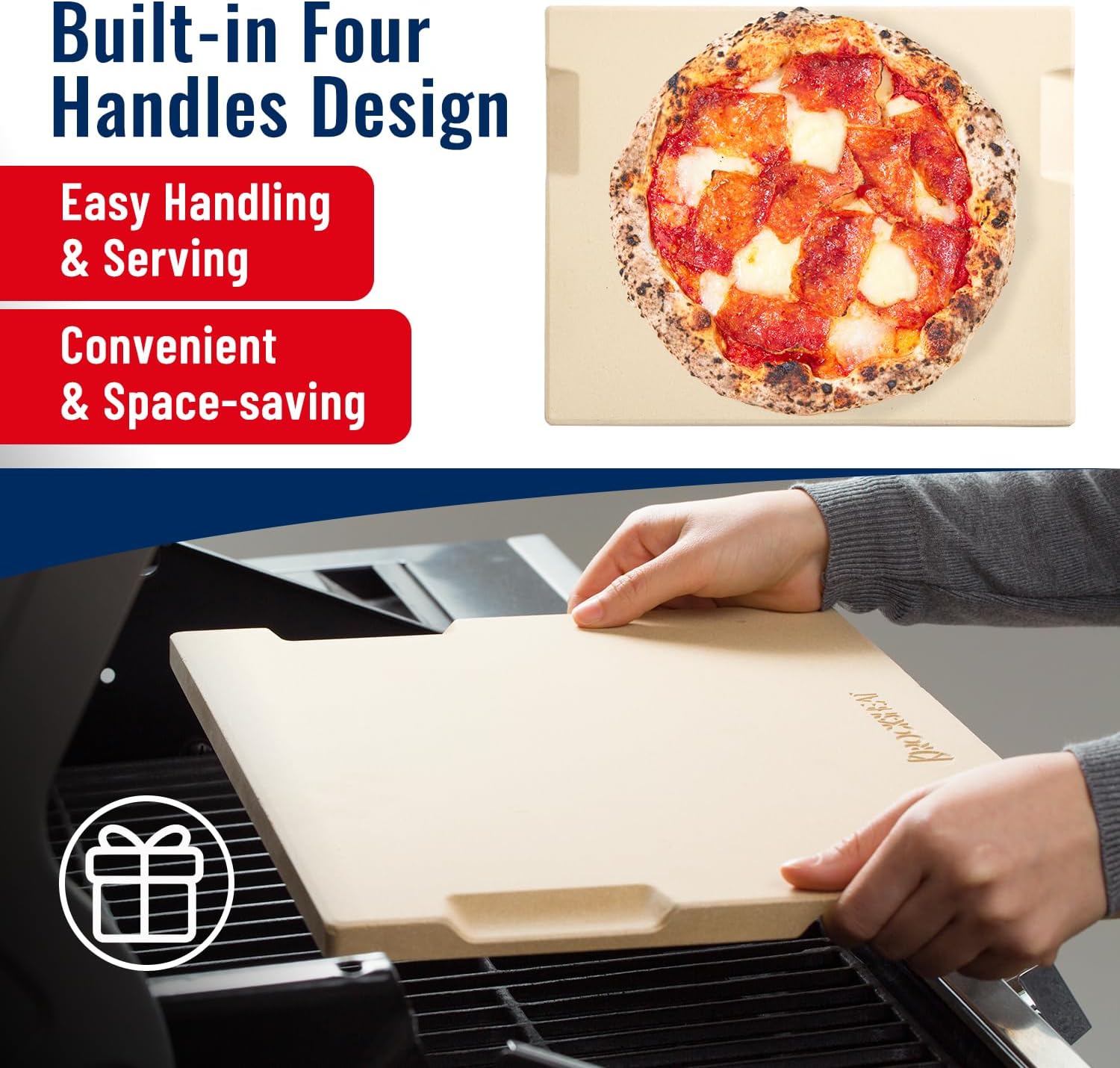 Pizza Stone for Oven and Grill, 15x12 Inch Cordierite Baking Stone with 4 Built-in Handles, 7.4lbs Heavy Duty Thermal