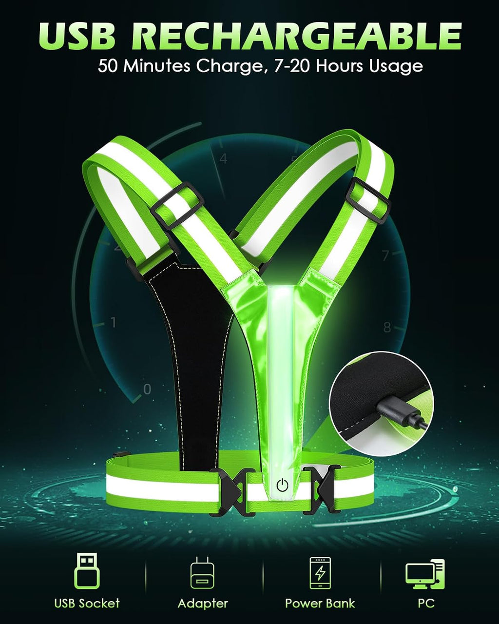 LED Reflective Vest Running Gear, 5 Lights Colors High Visibility Reflective Running Gear Rechargeable Light Up