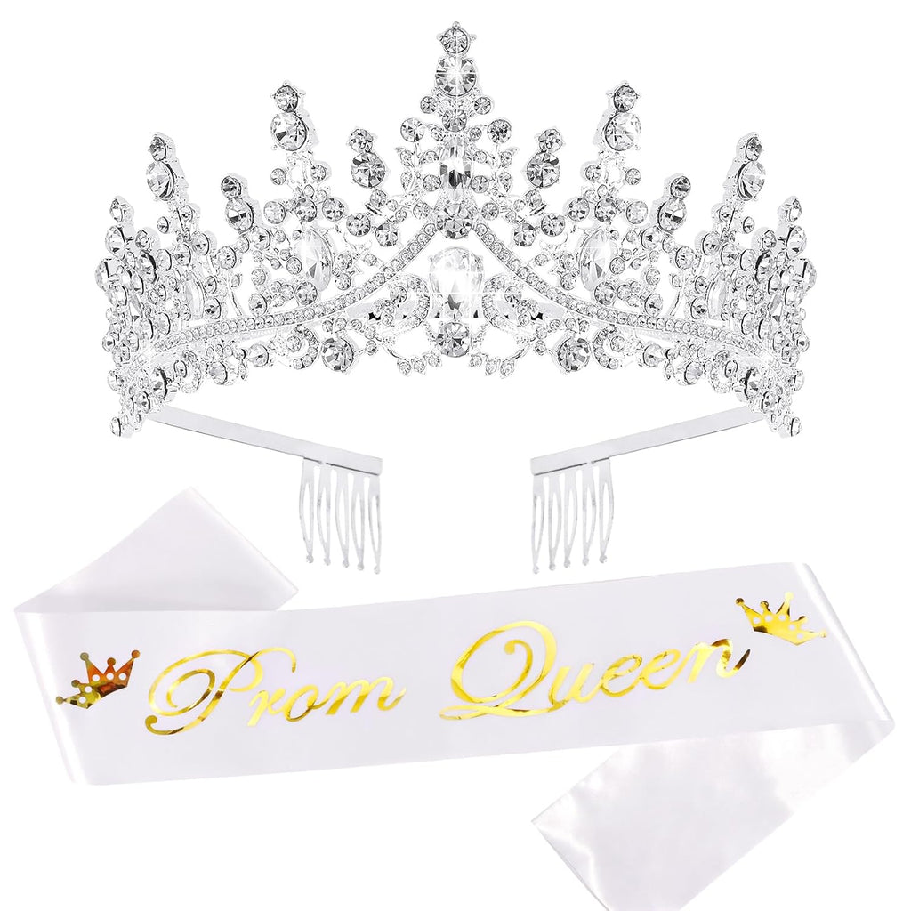 Prom Queen Sash and Tiara Set, Silver Tiaras and Crowns for Women, Prom Queen for Halloween Costume Cosplay Prom