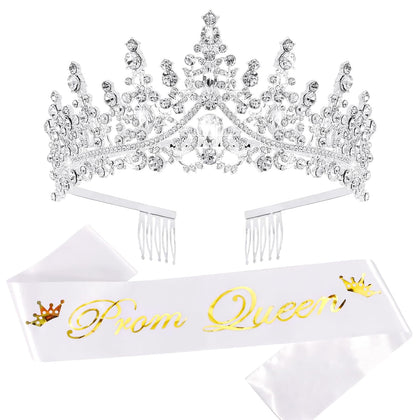 Prom Queen Sash and Tiara Set, Silver Tiaras and Crowns for Women, Prom Queen for Halloween Costume Cosplay Prom