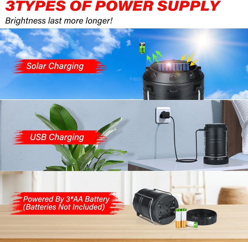 4-Pack Solar Camping Lanterns,Rechargeable LED with USB/Solar/AA Battery,Magnetic Base,Hanging Hook,Collapsible