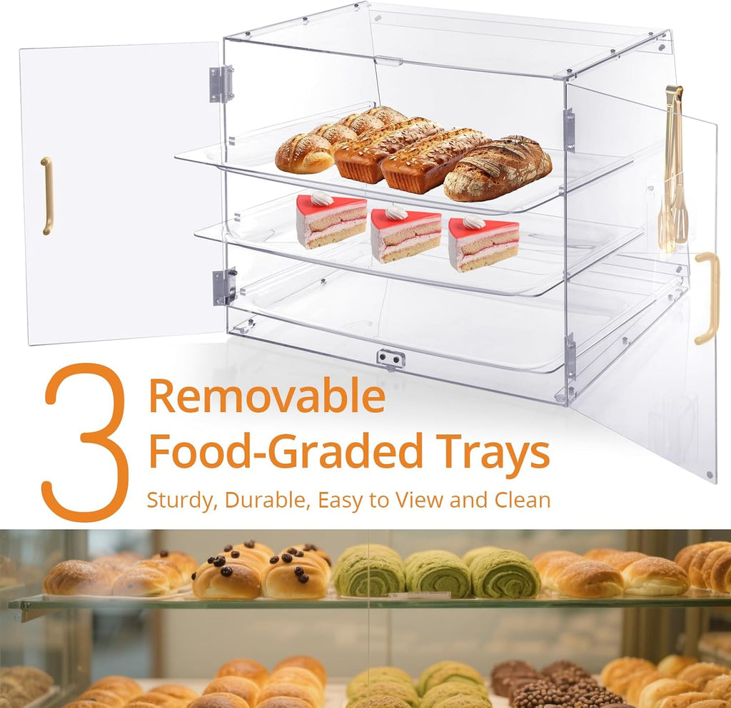 Pastry Display Case 3 Tray, Acrylic Bakery Display Countertop - Detachable Tray, Transparent Clear Sturdy Versatile