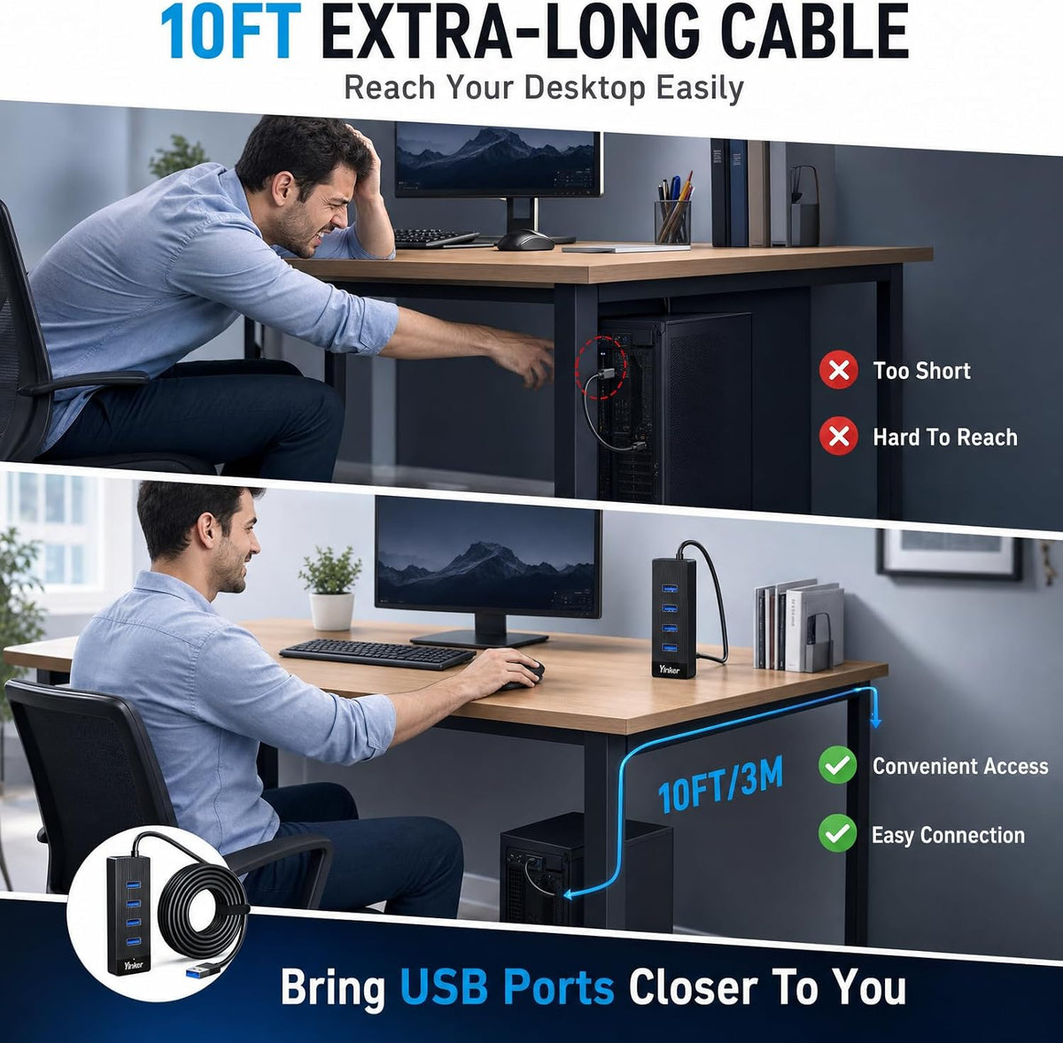 4-Port USB 3.0 Hub with 10FT USB Extension Cable, 5Gbps Data Transfer