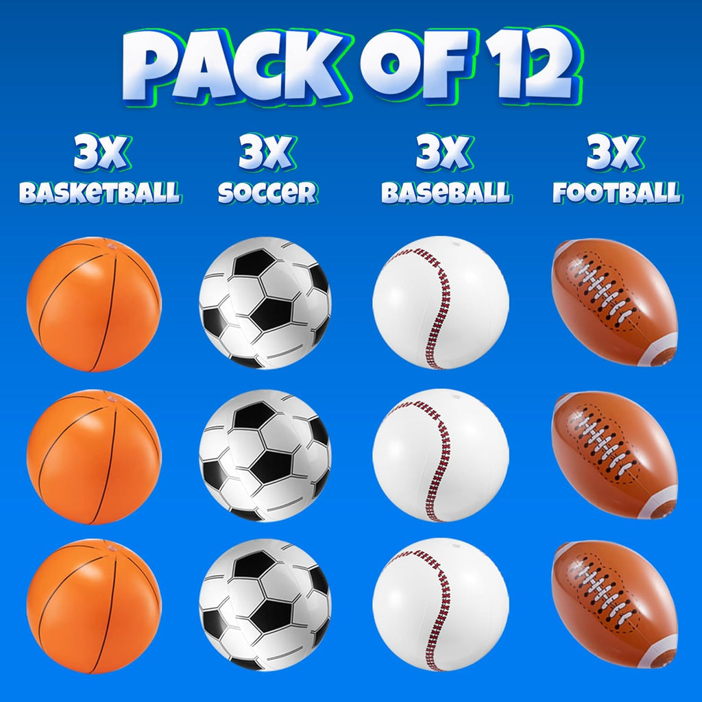 16" Inflatable Sports Beach Balls Variety Pack (12 Pcs) - 3 of Each - Basketball, Baseball, Football, Soccer Beach
