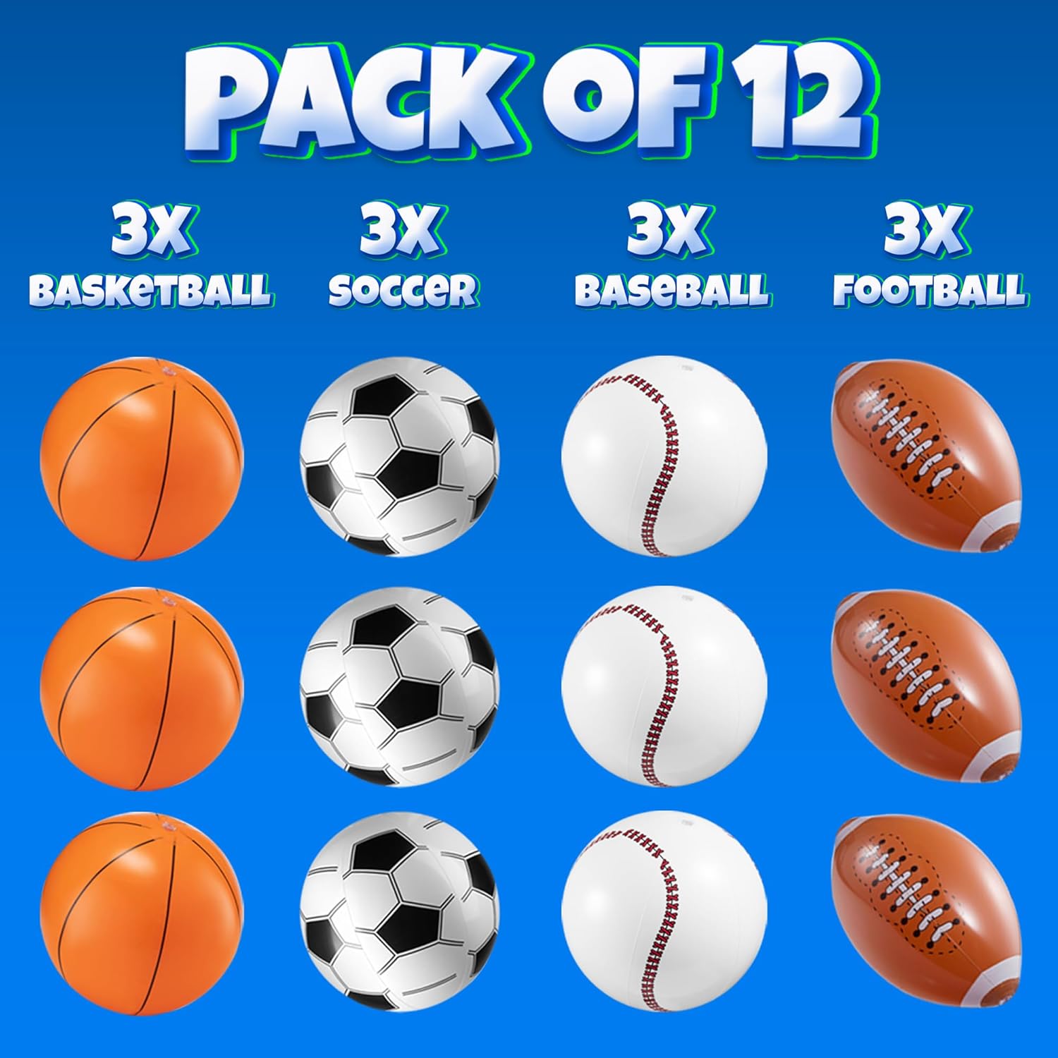 16" Inflatable Sports Beach Balls Variety Pack (12 Pcs) - 3 of Each - Basketball, Baseball, Football, Soccer Beach