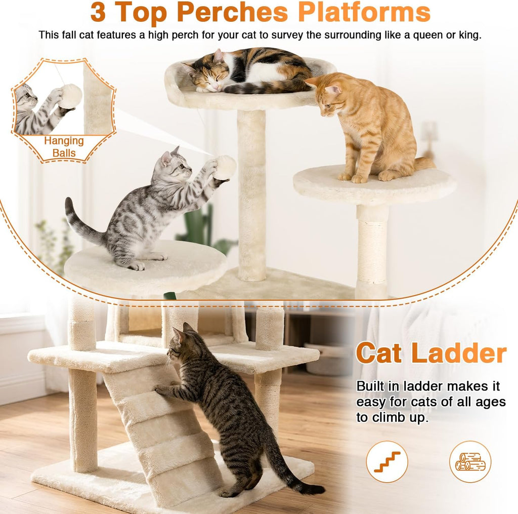 54" Cat Tree Tower | Beige | Multi-Level Indoor Activity Center with Sisal Scratching Posts, Condos, Plush Perches