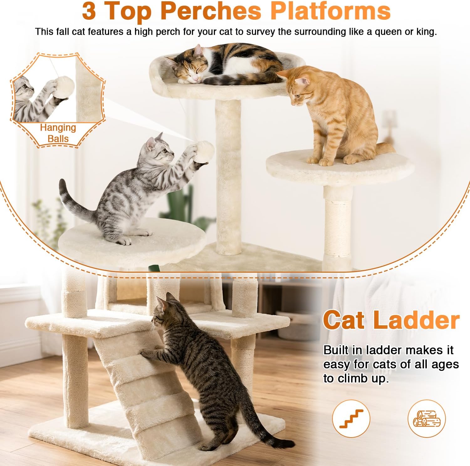 54" Cat Tree Tower | Beige | Multi-Level Indoor Activity Center with Sisal Scratching Posts, Condos, Plush Perches