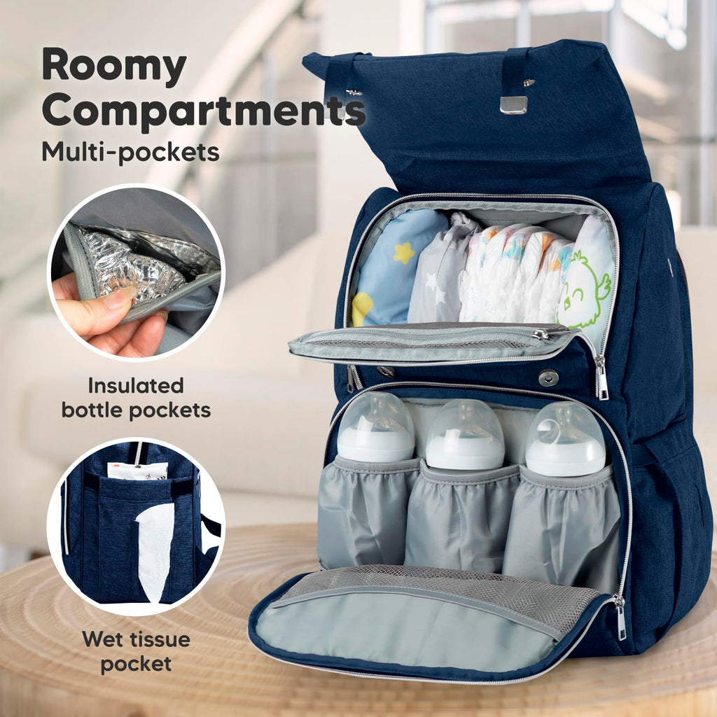Baby Diaper Bag Backpack with Changing Pad, Large (Navy Blue)