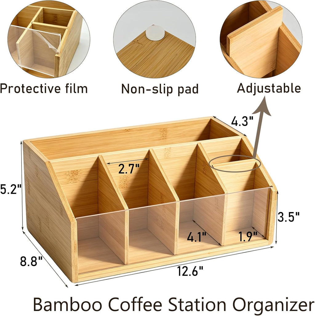 Bamboo Coffee Station Organizer for Countertop 6 Compartment Adjustable