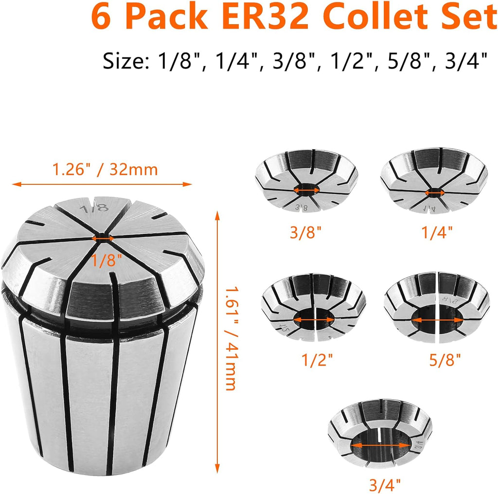 6Pcs ER32 Spring Collet Set, 1/8-1/4-3/8-1/2-5/8-3/4 Inch