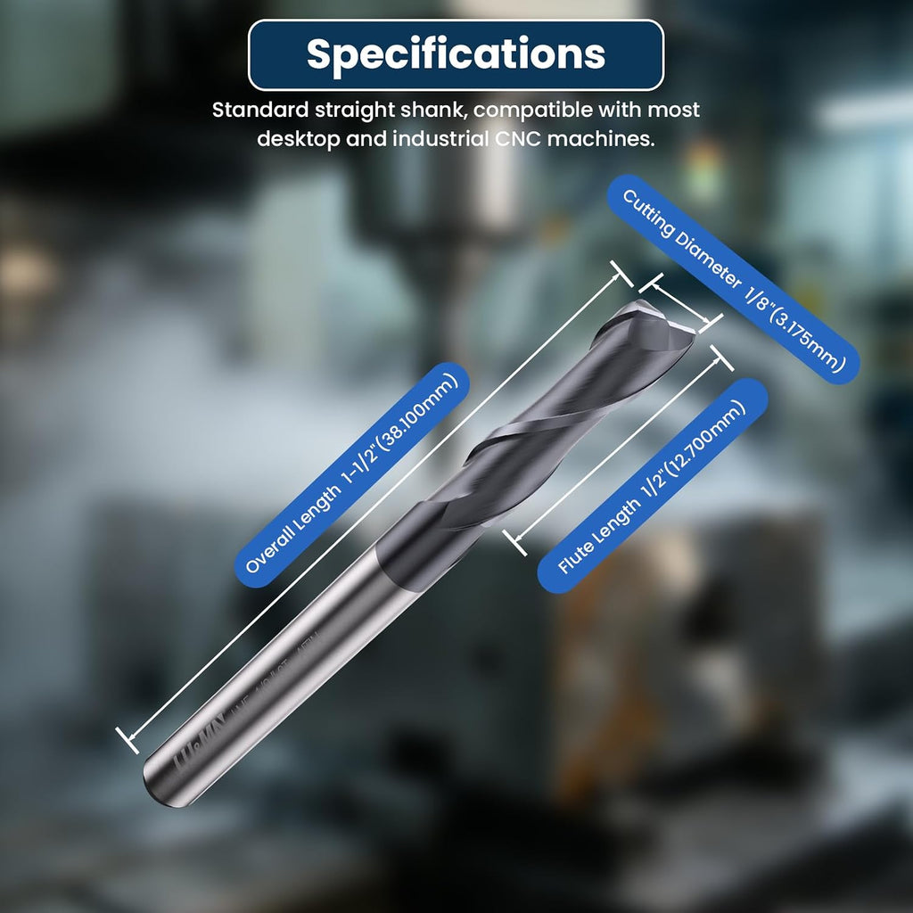 LU&MN Carbide Square End Mill, 2 Flute, 1/8", 5 Piece
