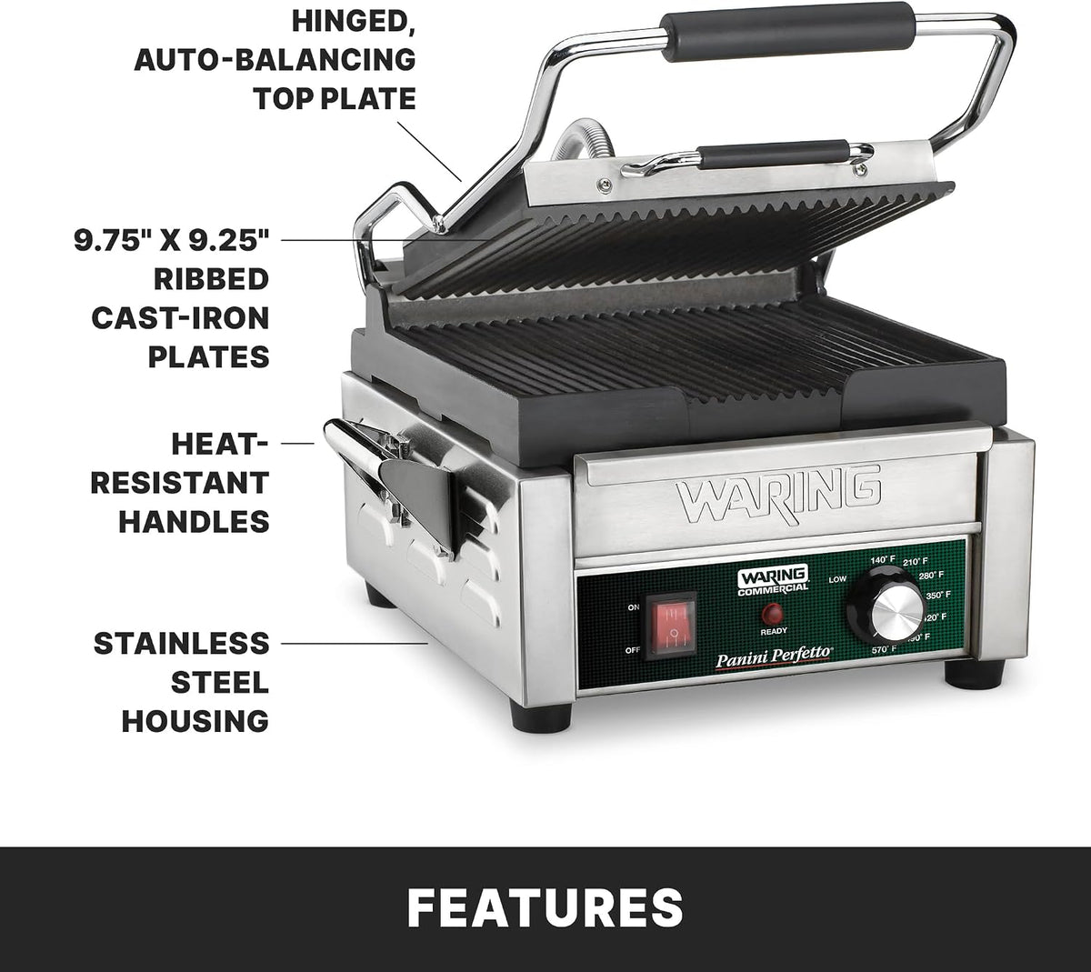 Panini Press with 9.75" x 9.25" Cooking Surface & 120V
