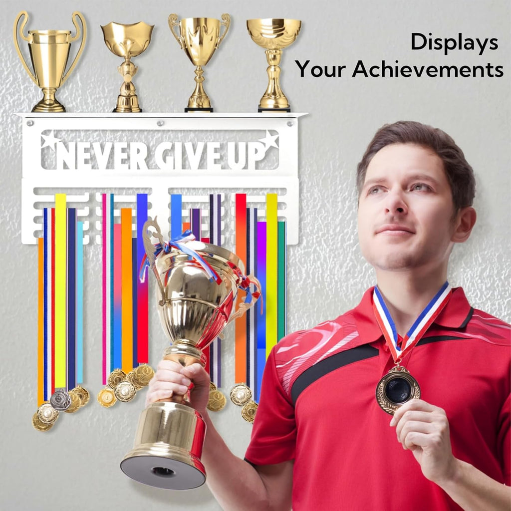 16" White Medal Hanger Display with Trophy Shelf, Holds 64+ Medals, Never Give Up Heavy Duty Metal Wall Mounted Award