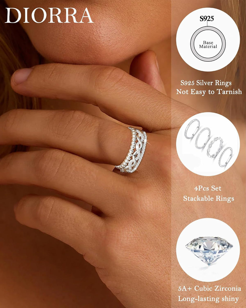 Sterling Silver Ring for Women, 4PCS Thin Stackable Rings Cubic Zirconia Thumb Ring Set Engagement Statement Wedding