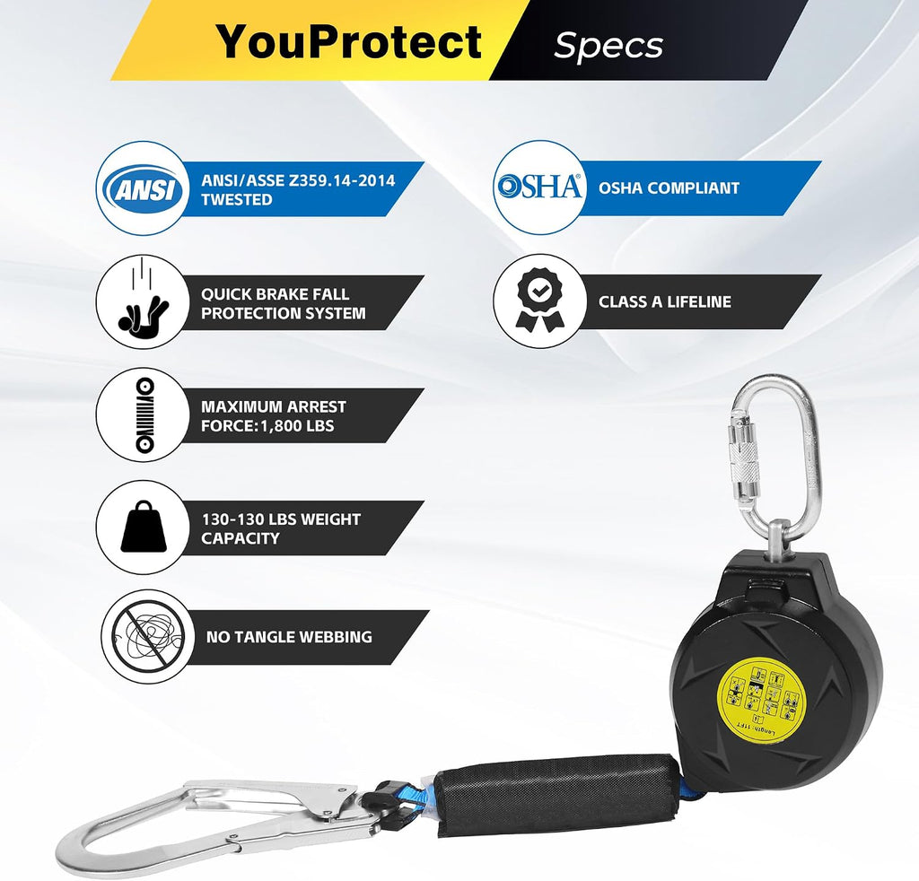 11FT Self Retracting Lifeline Fall Protection Retractable Lanyard, Fall Arrest Safety Yoyo for Construction