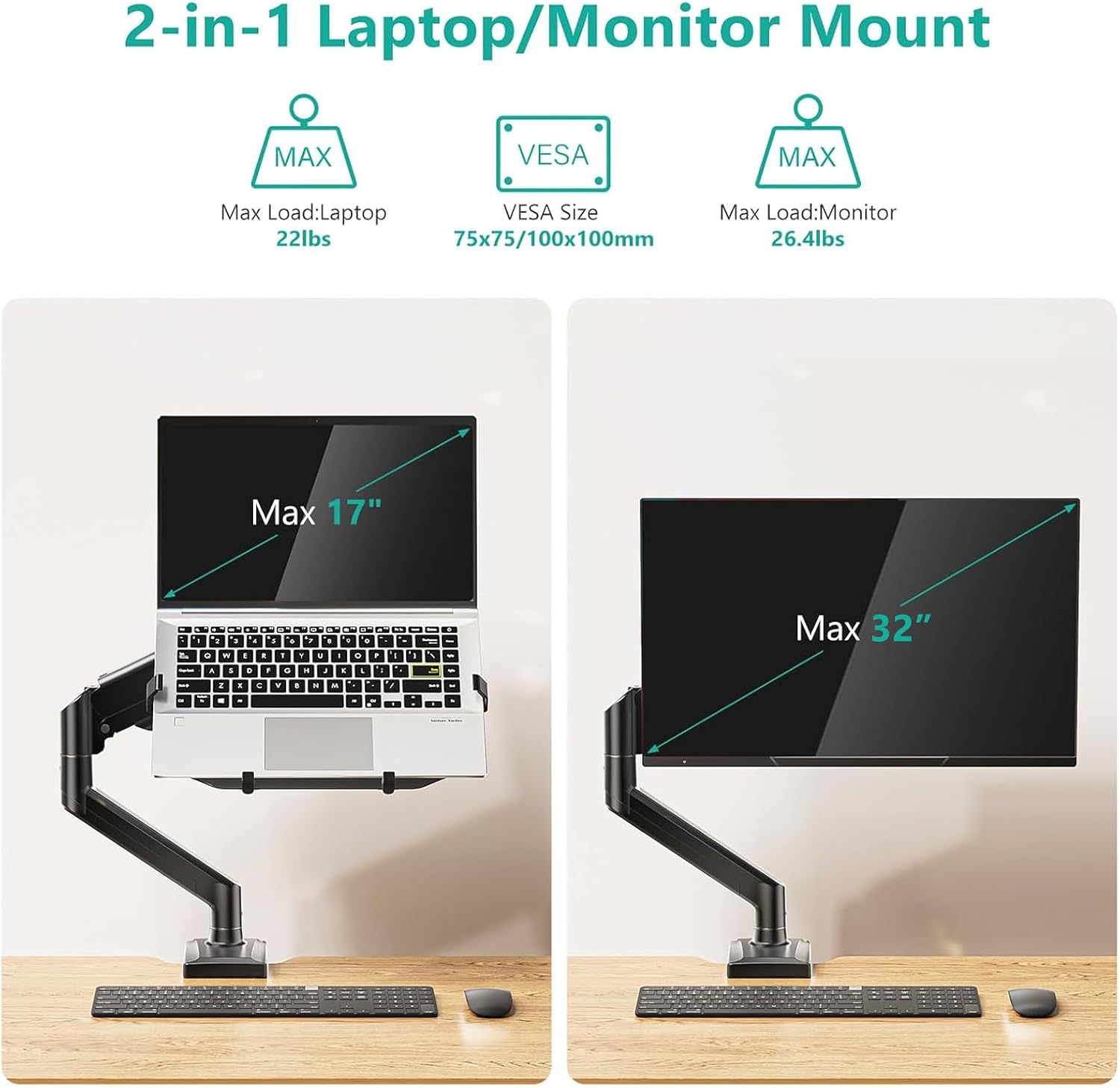 Single Arm Laptop and Monitor Desk Mount for 17" Notebook and Up to 32" Screen, 2-in-1 Adjustable Gas Spring Monitor