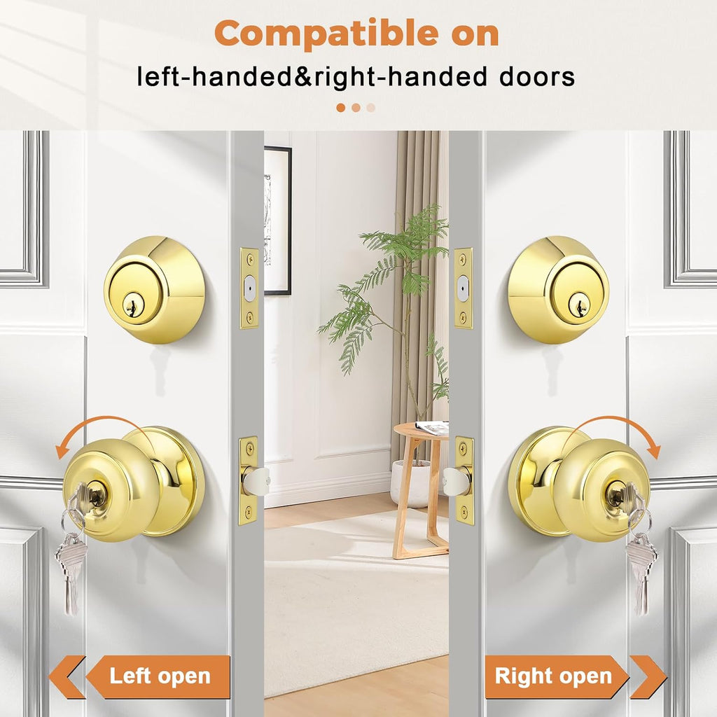 Keyed Entry Door Knobs Exterior Lockset and Single Cylinder Deadbolt Combination Set for Front Door, Polished Brass
