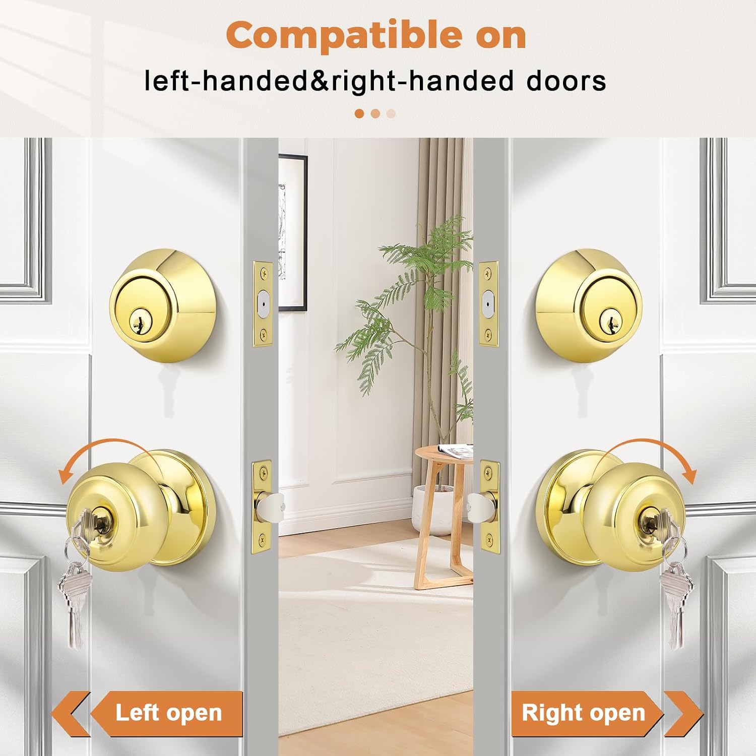 Keyed Entry Door Knobs Exterior Lockset and Single Cylinder Deadbolt Combination Set for Front Door, Polished Brass