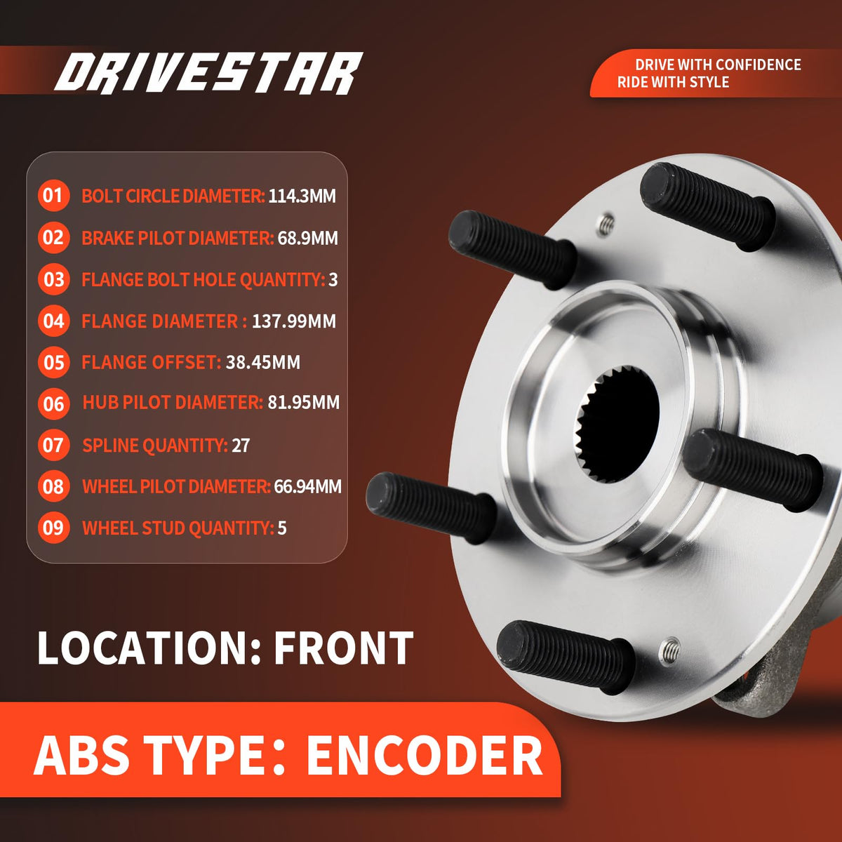 DRIVESTAR 513420 Front Wheel Hub & Bearing Assembly for Hyundai Elantra/GT