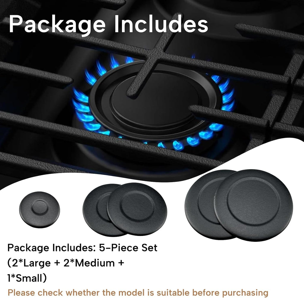 W10832694 Range Surface Burner Cap Set Replacement Fit for Whirlpool Ranges WCG51US6DB00 WCG51US6DS00 Replaces W10597133 AP5988633 PS11727796 5-Piece Gas Stove Burner Caps Black Cast Iron