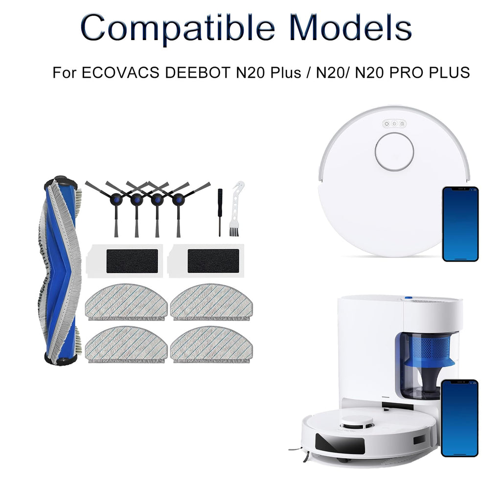Odashen 13 Pcs Replacement Parts for ECOVACS DEEBOT N20 Plus / N20/ N20 PRO Plus Vacuum Cleaner Accessories, 1 Roller Brushes 4 Side Brushes 2 Filter 4 Mop Pads 1 Cleaning Brush 1 Screw Driver