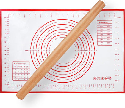 Wood French Rolling Pin for Baking, QUELLANCE Wooden Dough Roller with Silicone Baking Mat, Beech Wood Rolling Pins