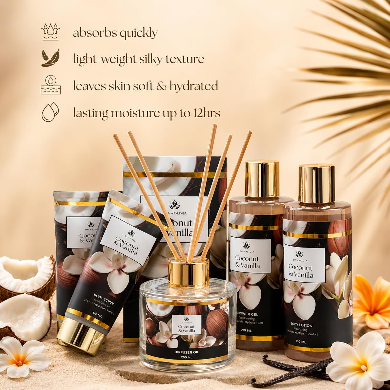 Spa Gift Basket for Women, Coconut & Vanilla 12-Piece Bath Gift Set with Shower Gel, Shampoo, Bubble Bath, Diffuser