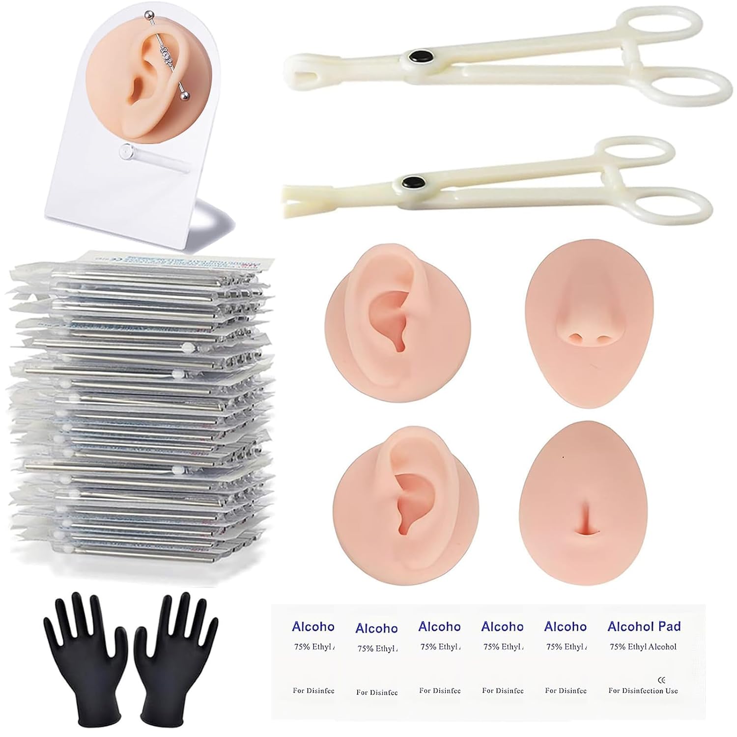 Piercing Kit -39Pcs Body Piercing Practice Kit with Silicone Ear & Nose Model - 25 Mixed Hollow Needles (12G-20G)