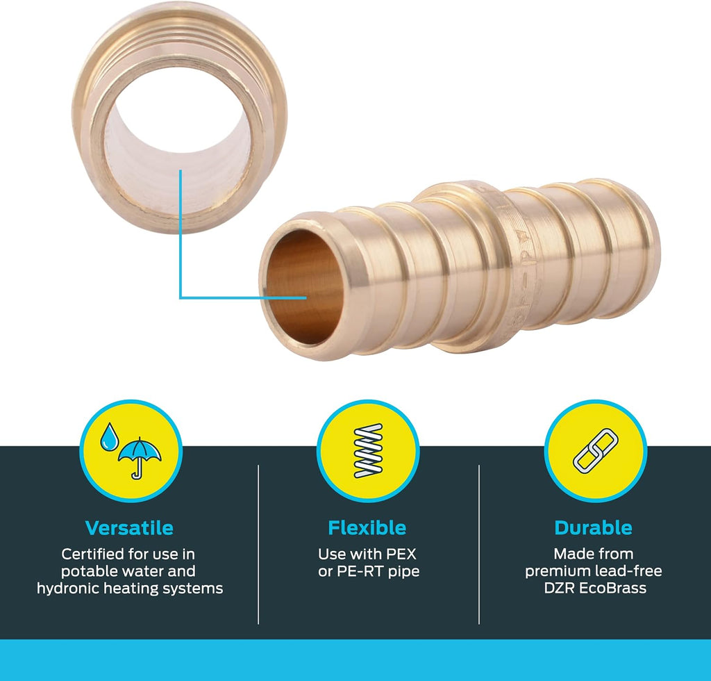 SharkBite 1/2 Inch Crimp Coupling, Pack of 10, Brass Plumbing Fitting, PEX Pipe, PE-RT, UC008LFA10