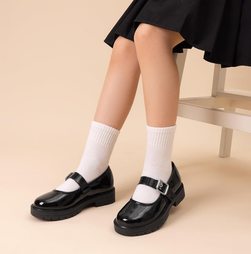 Girls Mary Jane School Uniform Shoes | Platform Hook and Loop with Arch Support Insole Roomy Round Toe Chunky Oxford