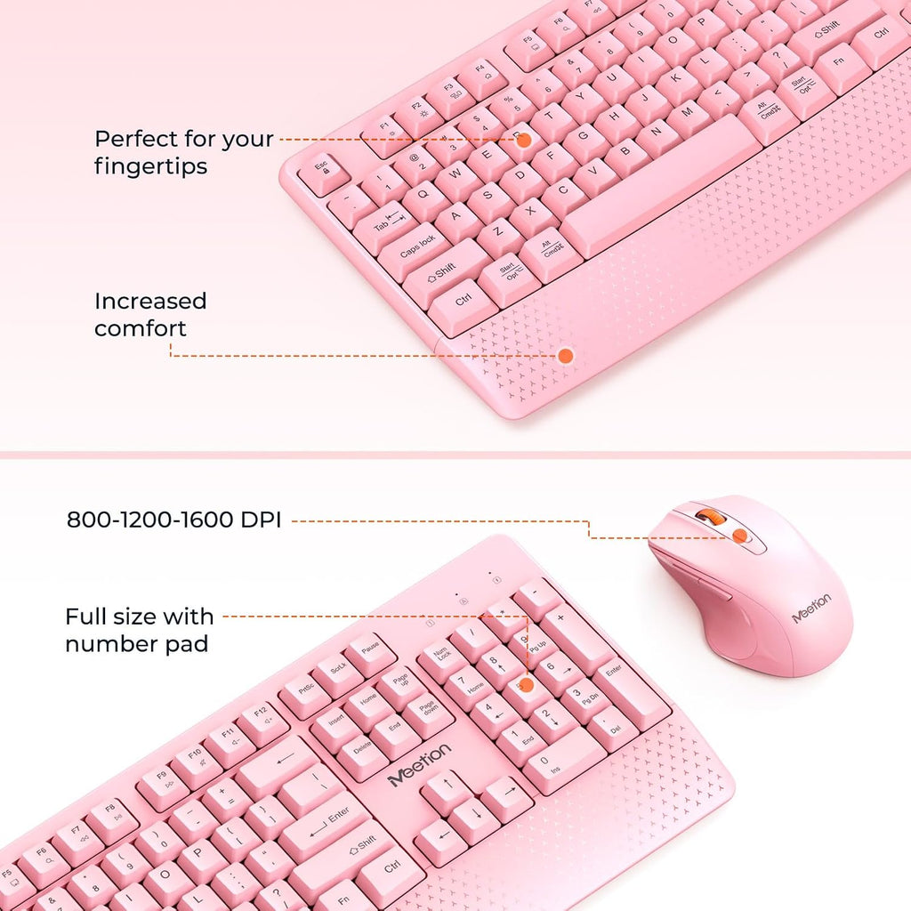 Wireless Keyboard and Mouse Combo, Full-Size with Wrist Rest, Pink | 2.4GHz USB receiver, 3 adjustable DPI mouse