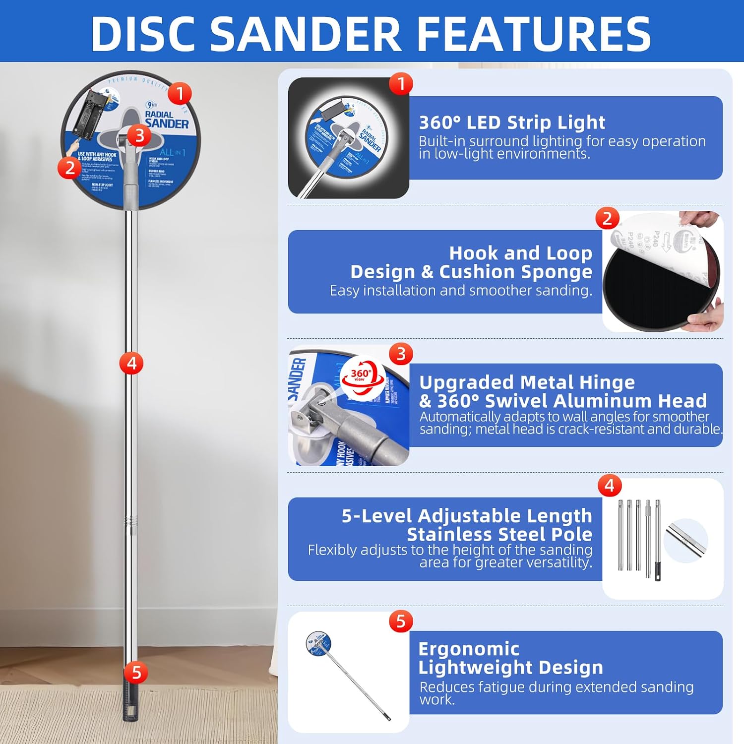 Drywall Pole Sander with 360° LED & 25 Pcs Sandpaper for Low-Light Sanding | Highlights Uneven Spots, 5-Piece