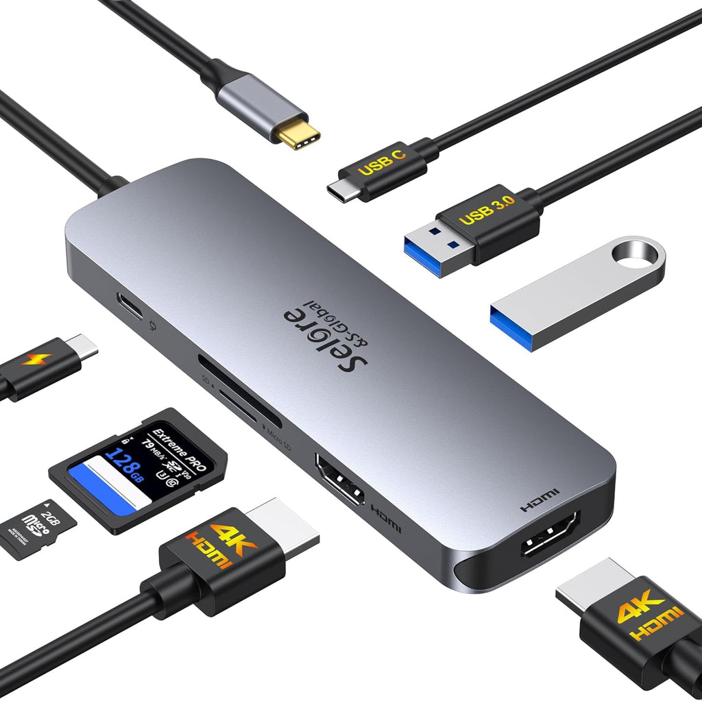 USB C Docking Station Dual HDMI Monitor, USB C to Dual HDMI Adapter with 2HDMI Ports, PD Charging, SD/microSD, USB